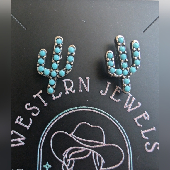 Western Stud Turquoise Cactus Earrings - Picture 2 of 6